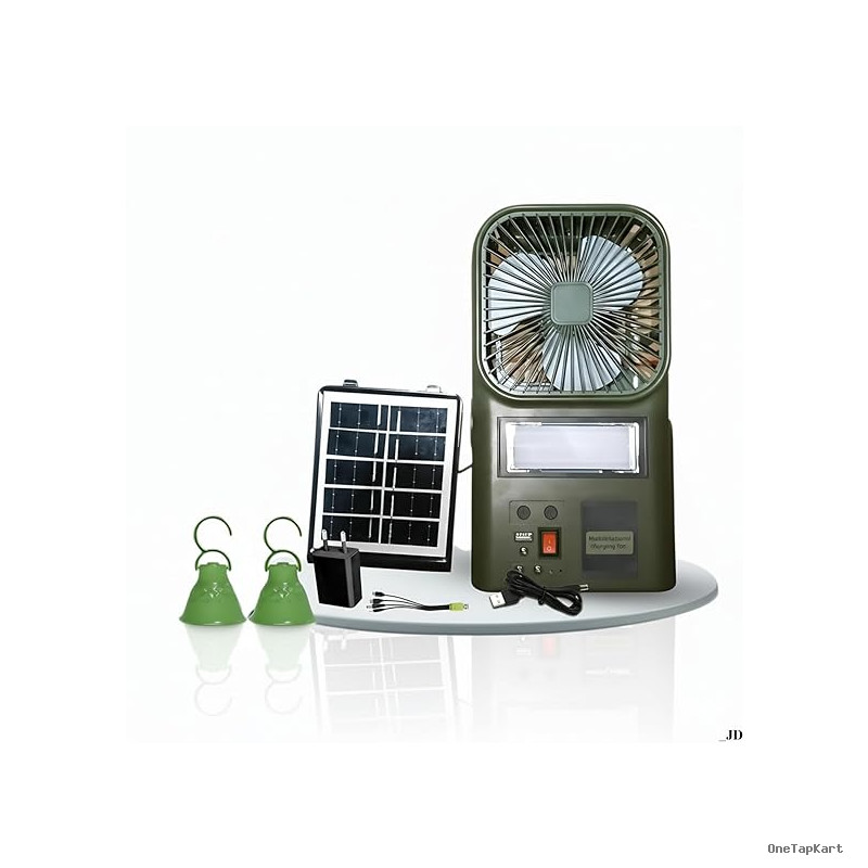 𝐃𝐫𝐮𝐦𝐬𝐭𝐨𝐧𝐞 𝟏+𝟏 𝐲𝐞𝐚𝐫 Solar Rechargeable Fan with LED Light | 6000mAh Battery | USB Charging | Attachable Solar Panel | Portable Multifunction Fan for Camping, Travel & Emergency Use
